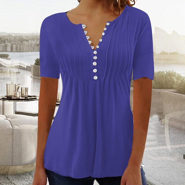 LSLJS Womens T Shirts Women's Fashion Casual Round Neck Pleated Solid Color Button Top Blouse