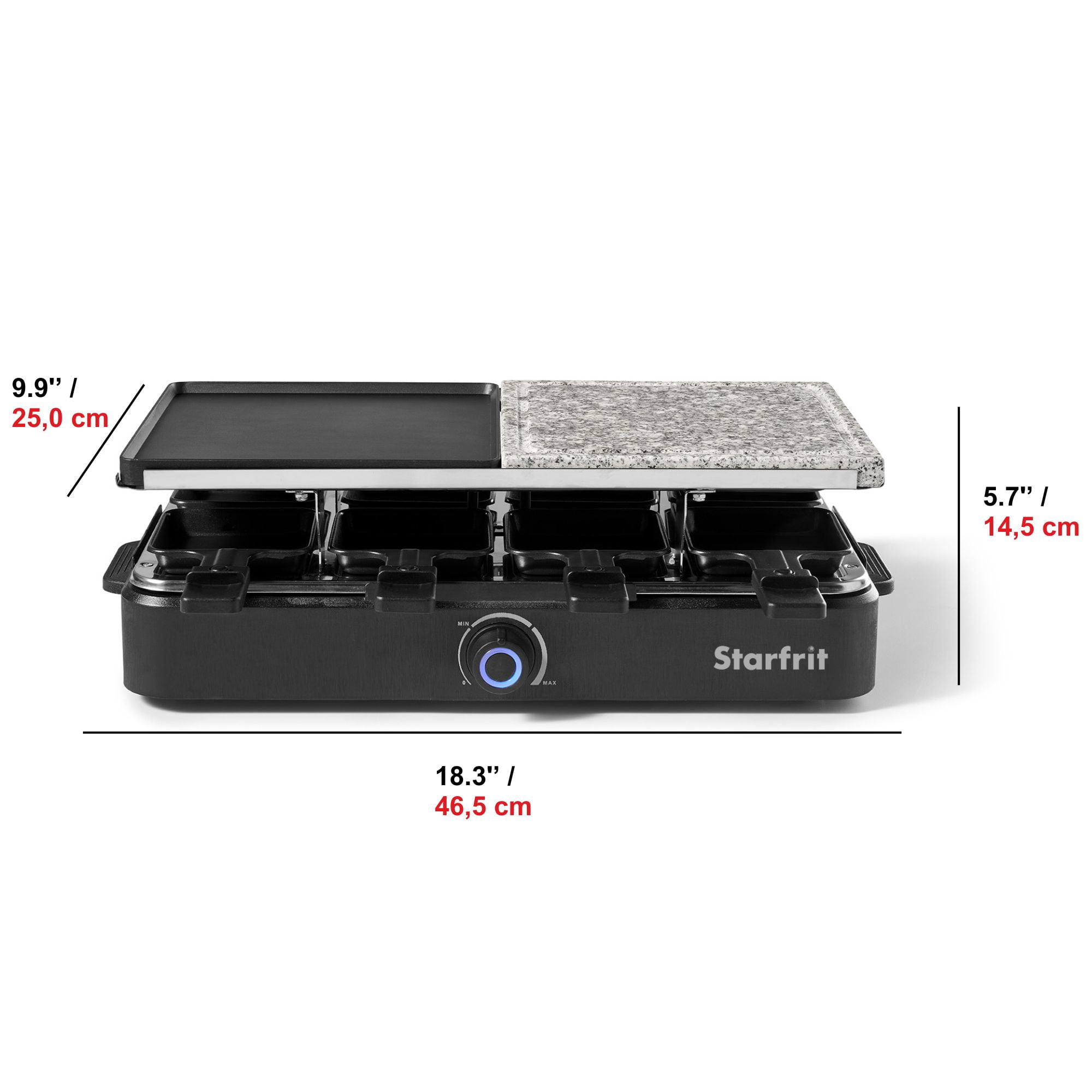 Starfrit 8-Person Raclette Party Grill, 2-in-1 Die-Cast Aluminum & Cooking Stone, Adjustable Temperature, 8 Spatulas & Dishes, 1300W, Hand Wash, Black