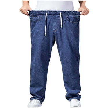 FAIWAD Pantalon en Denim pour Hommes à Taille Élastique Taille Haute à Cordon Extensible Décontracté Ample Droit Jeans