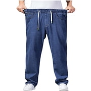 FAIWAD Mens Elastic Waist Denim Pants High Waist Drawstring Stretch Casual Loose Straight Jeans