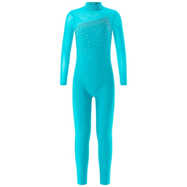 Choomomo Combinaison de Danse Ballet à Manches Longues avec Strass pour Filles, Bleu Lac 8