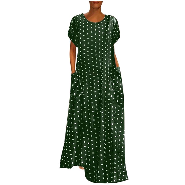 Fridja Robes Maxi à Manches Courtes Amples pour Femmes Grande Taille avec Poches et Imprimé à Pois