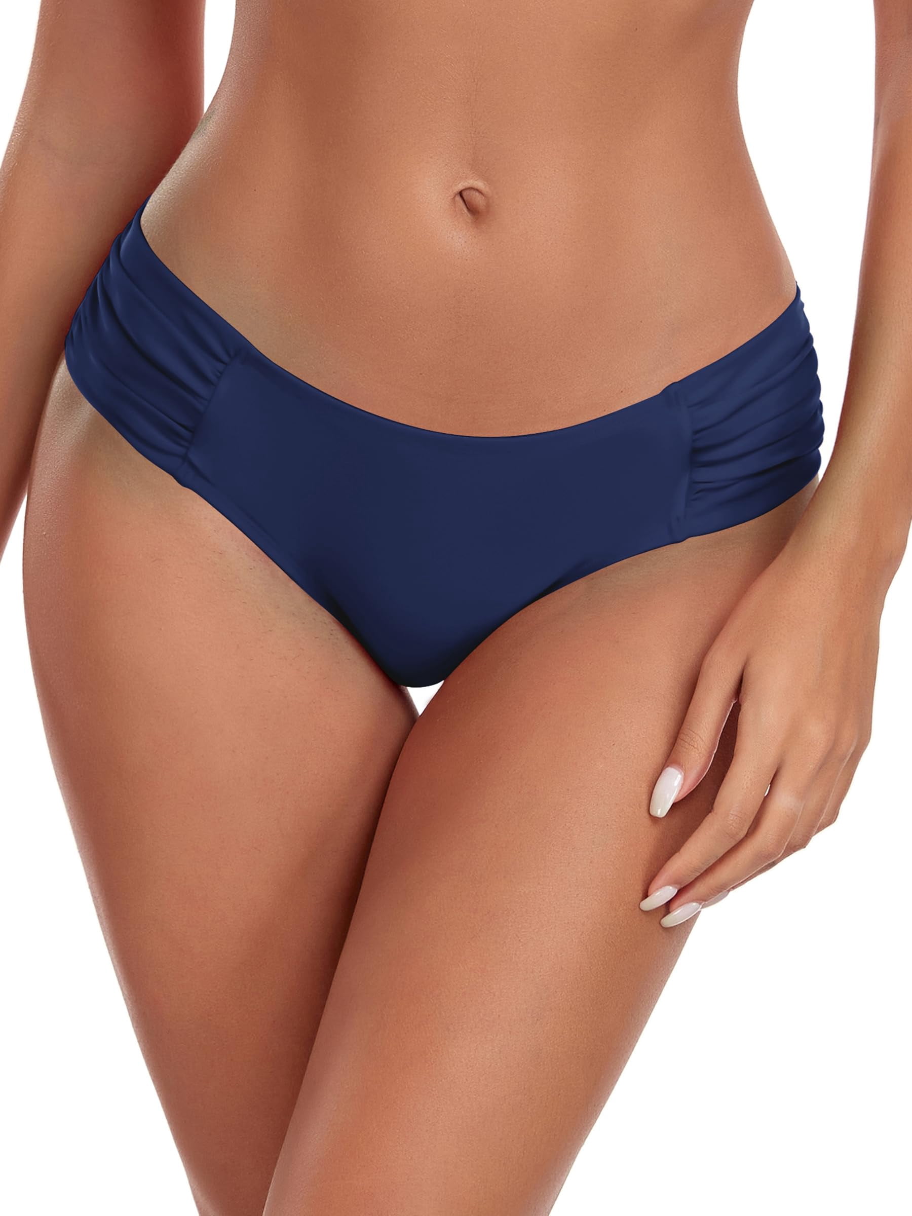 Ocean Blues Women's Full Coverage Bikini Bottom Mid Rise Ruched Sides Swim Bottoms Navy Blue Size X-Large