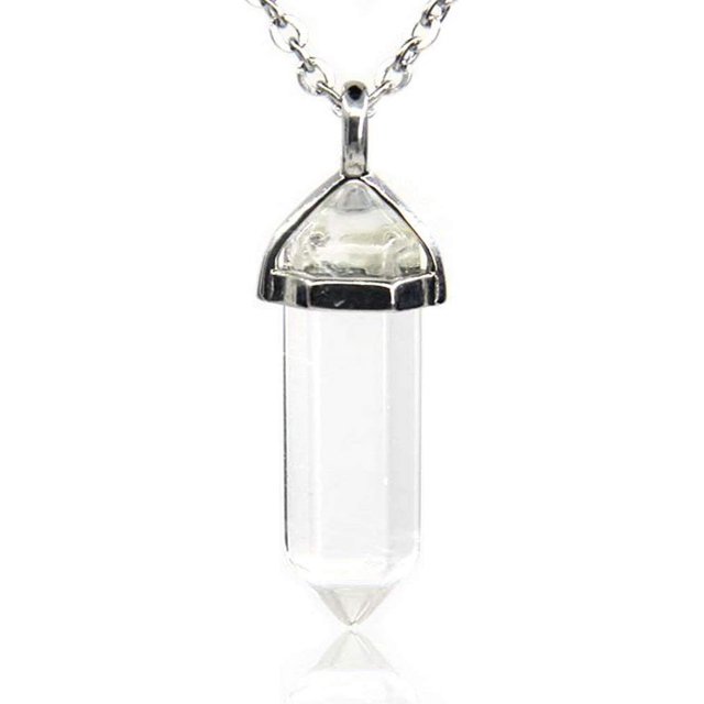 Angelstones Collier Pendentif Reiki Chakra Hexagonal à Pointe Pointue en Quartz Blanc 18 Pouces