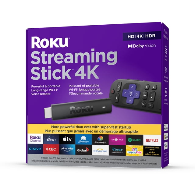 ROKU STREAMING STICK 4K streaming media player box showing the stick and voice remote, featuring long-range Wi-Fi, voice remote control, HD 4K HDR, and Dolby Vision support, with logos of popular streaming services like Netflix, Disney+, Apple TV, and Spotify on a purple background.