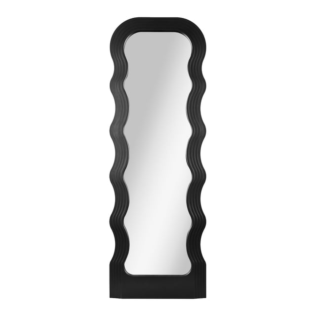 Mainstays Wavy Floor Framed Mirror, black finish, 20x58in, featuring full-length reflective glass with a wavy grooved plastic frame designed for leaning or hanging with included hardware and anti-slip tip kit, suitable for adding a modern artistic accent to any room.