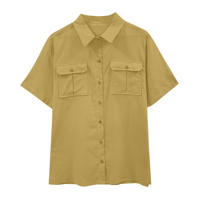 Timegard Cotton Linen Tops for Women Short Sleeve Button down Shirts Solid Color Casual Tops with Pockets