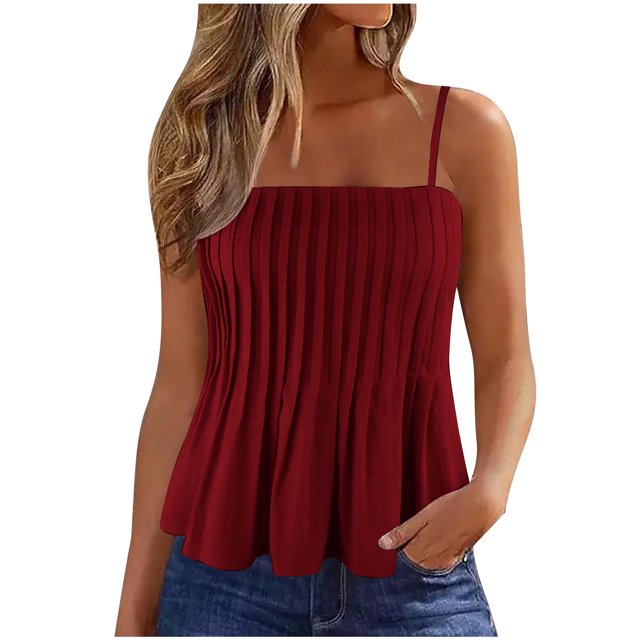 AherBiu Camisole Tops for Women Boho Ruffle Spaghetti Strap Square Neck Sleeveless Ruched Cute Tank Tops