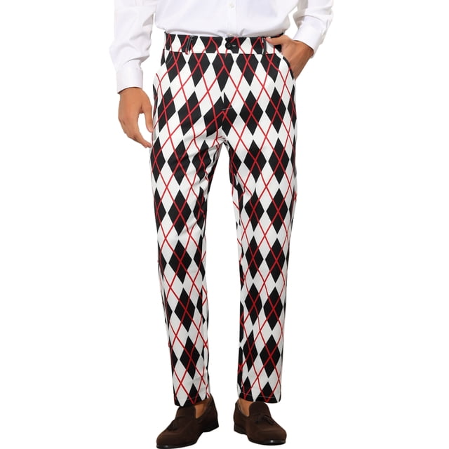 INSPIRE CHIC Men's Pant Diamond Plaid Pattern Regular Fit Color Block Suit Trousers 34 Black White