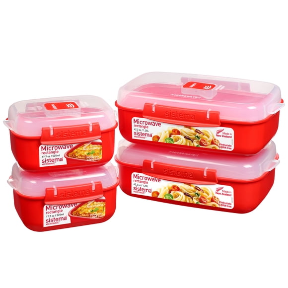 Sistema Heat and Eat Microwave Set, Locking Clips & Steam Release Vents, BPA-Free, 4 Pack (2x 1.25 L + 2x 525 mL)