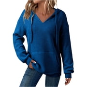 Hoodies for Women Knit Sweaters Tops Lightweight Travel Solid Color Drawstring Hooded Pullover Sweatshirt with Pockets