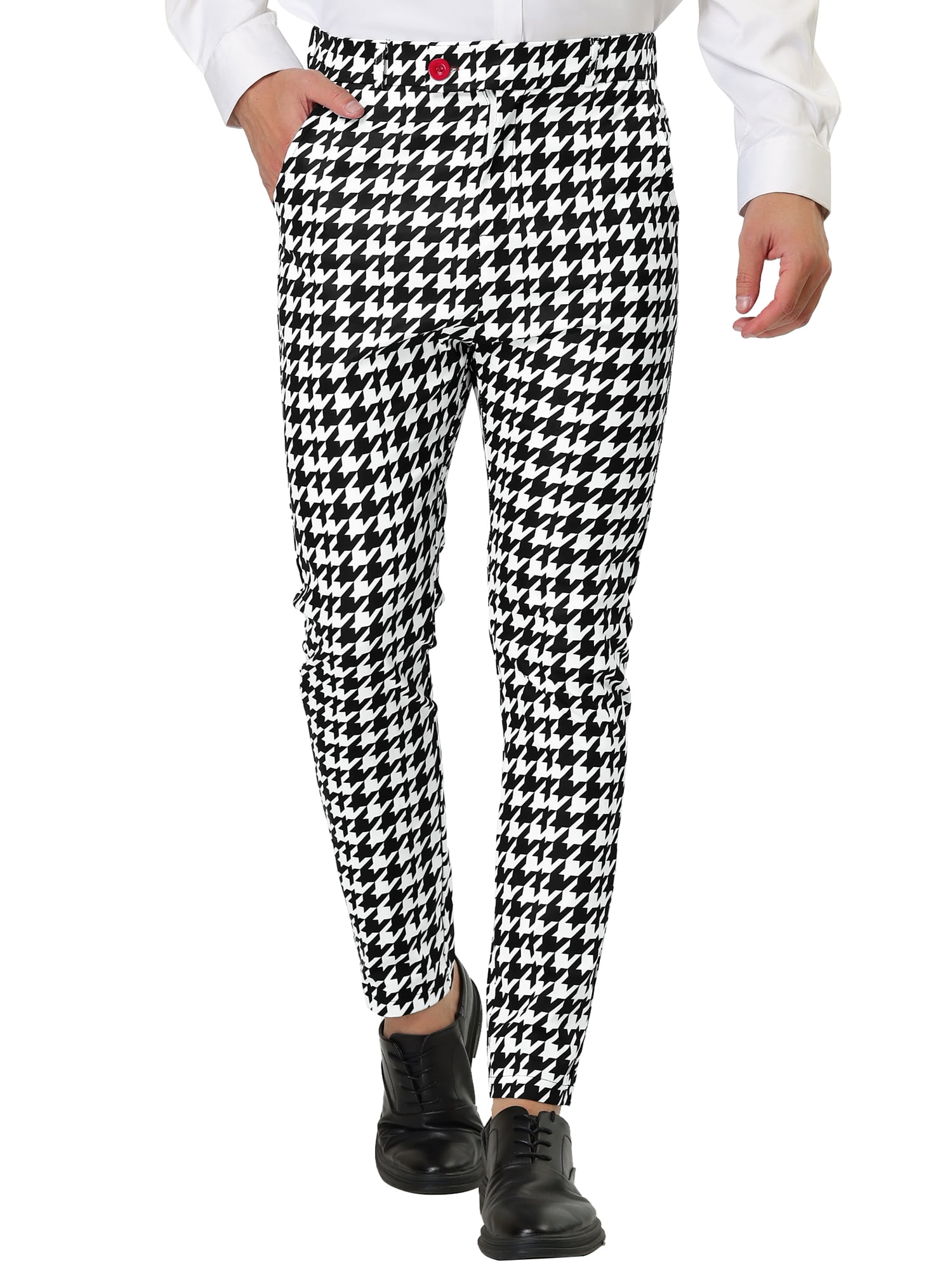 INSPIRE CHIC Men's Casual Geometric Printed Color Block Flat Front Dress Pants 28 Black White