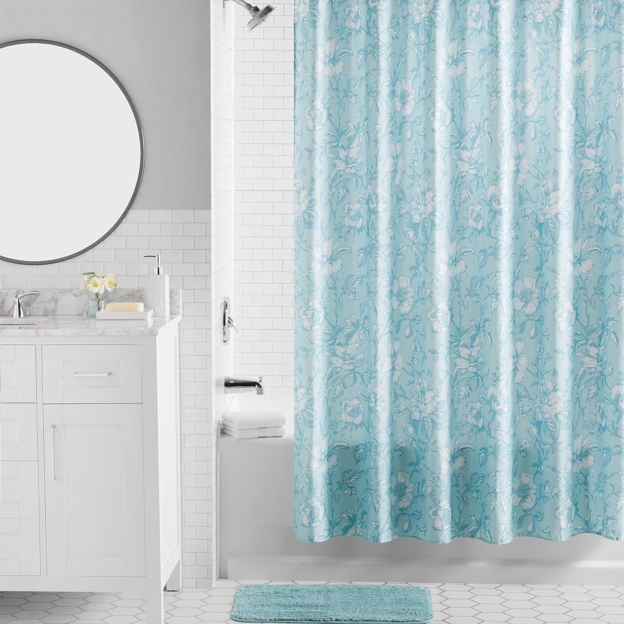 Ensemble de salle de bain Mainstays de 16 pièces à fleurs bleues – Rideau de douche en tissu avec tapis, crochets, distributeur de savon et plateau