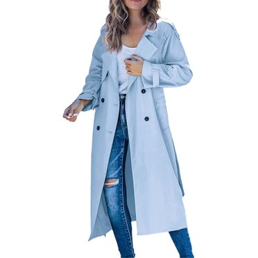Baberdicy Lady Trench Coat Women's Trench Coat Long Double Breasted Fall Fashion 2023 Classic Lapel Slim Overcoat Outerwear with Belt Trenchcoat Women's Sky Blue