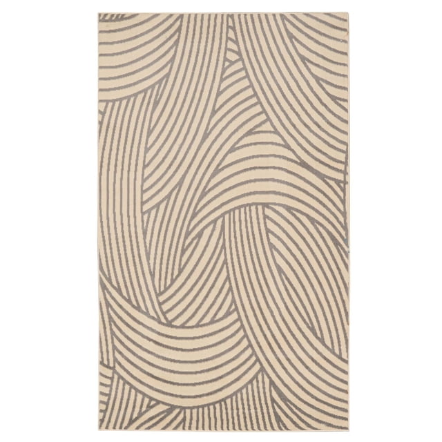 Capri Binya Bone & Light Grey 4' 3" x 7' 3" area rug with an abstract pattern of overlapping light grey curved stripes on a bone background, machine woven with flat cut pile polypropylene for durability and easy care, suitable for small rooms or defining spaces with a modern transitional style.