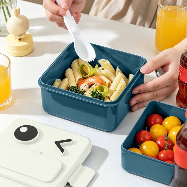Linnome Plastic Double Lunch Box Office Lunch Box Microwave Oven Heating Portable Lunch Box for Work White