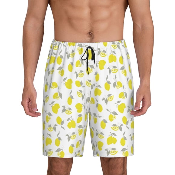 Vsdgher Yellow Lemon Leaves Print Men's Pajama Shorts Lounge Bottoms Sleep Shorts Elastic Waist Lightweight PJ Shorts with Pockets-X-Large