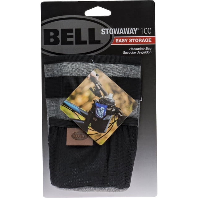 Bell Sports Stowaway 100 Handlebar Bag in grey with black stretch mesh outer pocket, shown on retail packaging with Bell logo and product tag depicting the bag attached to a bike handlebar holding a water bottle and snack bar, designed for easy storage and secure hook and loop strap attachment, ideal for carrying small essentials within easy reach.