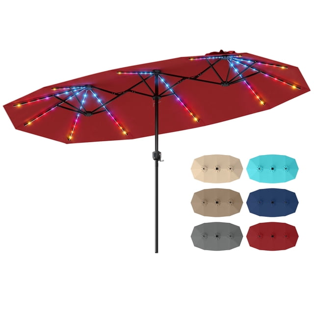 Costway Double-Sided Patio Umbrella with Color-Changing Flowing Solar LED Lights Crank Lift Red