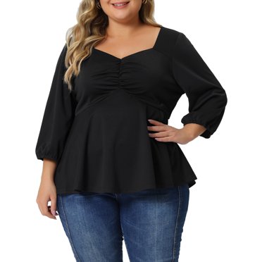 Unique Bargains Blouse Grande Taille pour Femmes Col en Cœur Manches Coudées Froncée devant Peplum Hauts Chemise Noir 4X