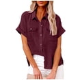 thumbnail image 1 of fheaev Button Up Shirts For Women Roll Up Short Sleeve Button Down Cotton Linen T-Shirts With Pocket V-Neck Work Tunics Blouse Collared Tops, 1 of 9