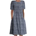 thumbnail image 1 of QJUHUNG Midi pour Femmes Été Décontracté Ample Bohème à Imprimé Floral Col Ras du Cou Manches Courtes Longueur Genou Robe Froncée avec Poches, 1 of 4