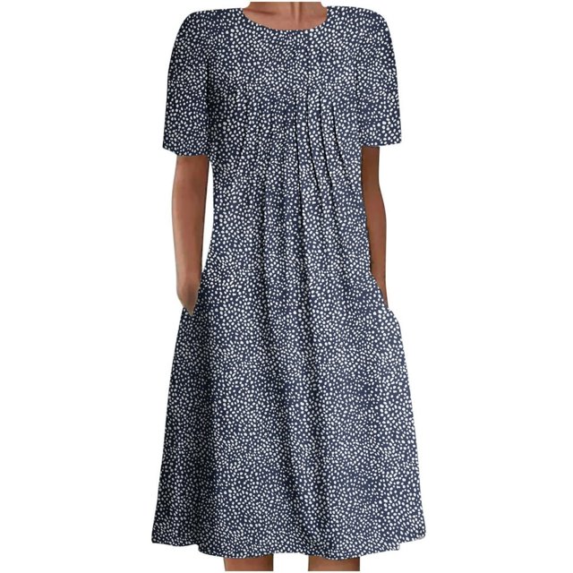 QJUHUNG Midi pour Femmes Été Décontracté Ample Bohème à Imprimé Floral Col Ras du Cou Manches Courtes Longueur Genou Robe Froncée avec Poches