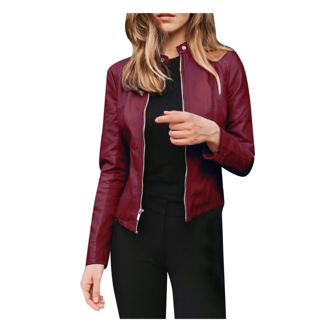 Veste de Moto Punk pour Femmes, Manteau Court à Col Rabattu avec Fermeture Éclair