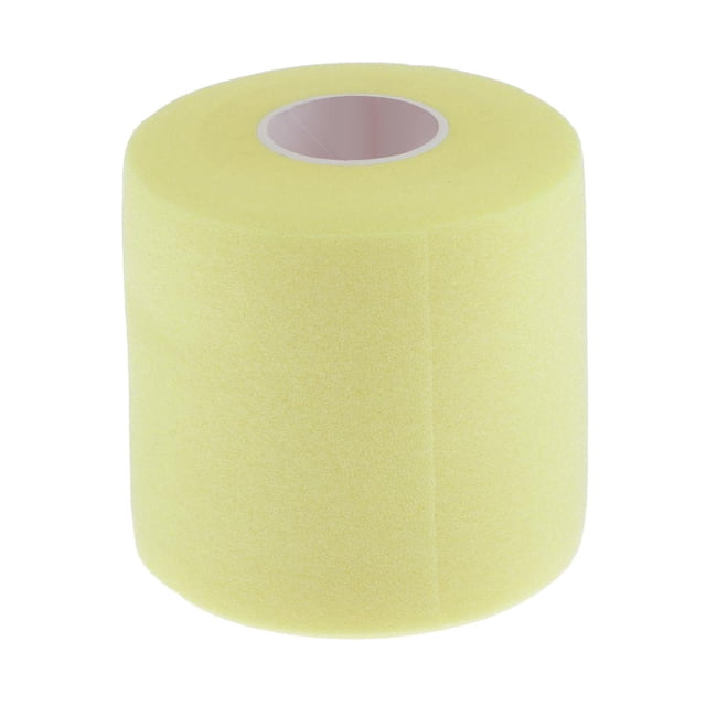 Sports Pre Wrap Athletic Tape - Sponge, 29 yards in length and 2.75 inches wide, shown in a vibrant yellow color. The roll features a smooth, non-adhesive sponge material with strong stretchability and easy tearing. Commonly used in fitness recovery and kinesiology applications as a base layer under athletic gear to reduce skin irritation during exercise.