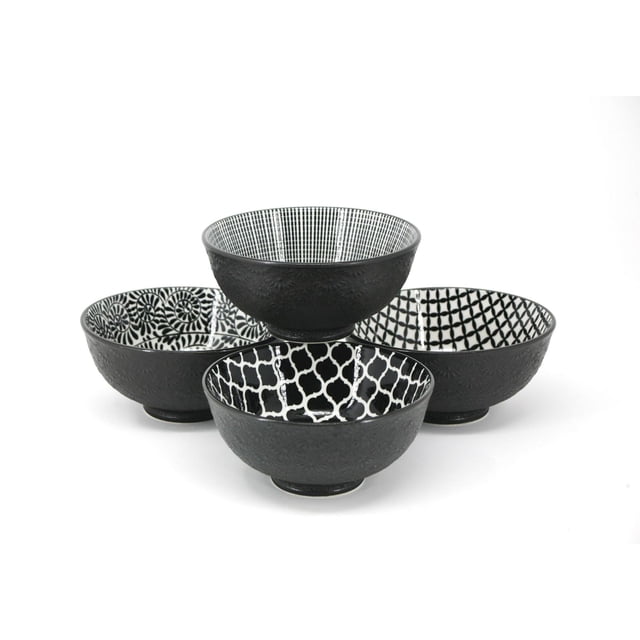 BIA B/W Bowls, 12cm, set of 4 small black and white stoneware serving bowls with assorted geometric and floral patterns inside and textured matte black exterior, suitable for dips, sauces, condiments, or nuts.