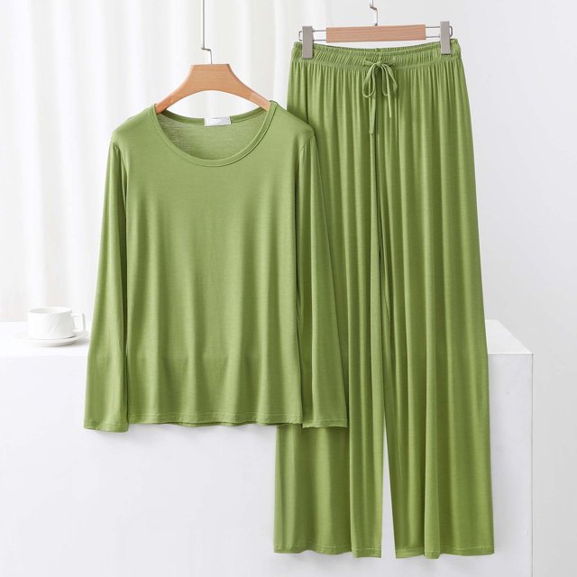 TACILIP Ensembles 2 Pcs pour Femmes Ensembles de Détente d'Été Tenues Col Rond Manches Longues Hauts Pantalons à Jambes Larges Pyjamas pour Femmes Ensemble