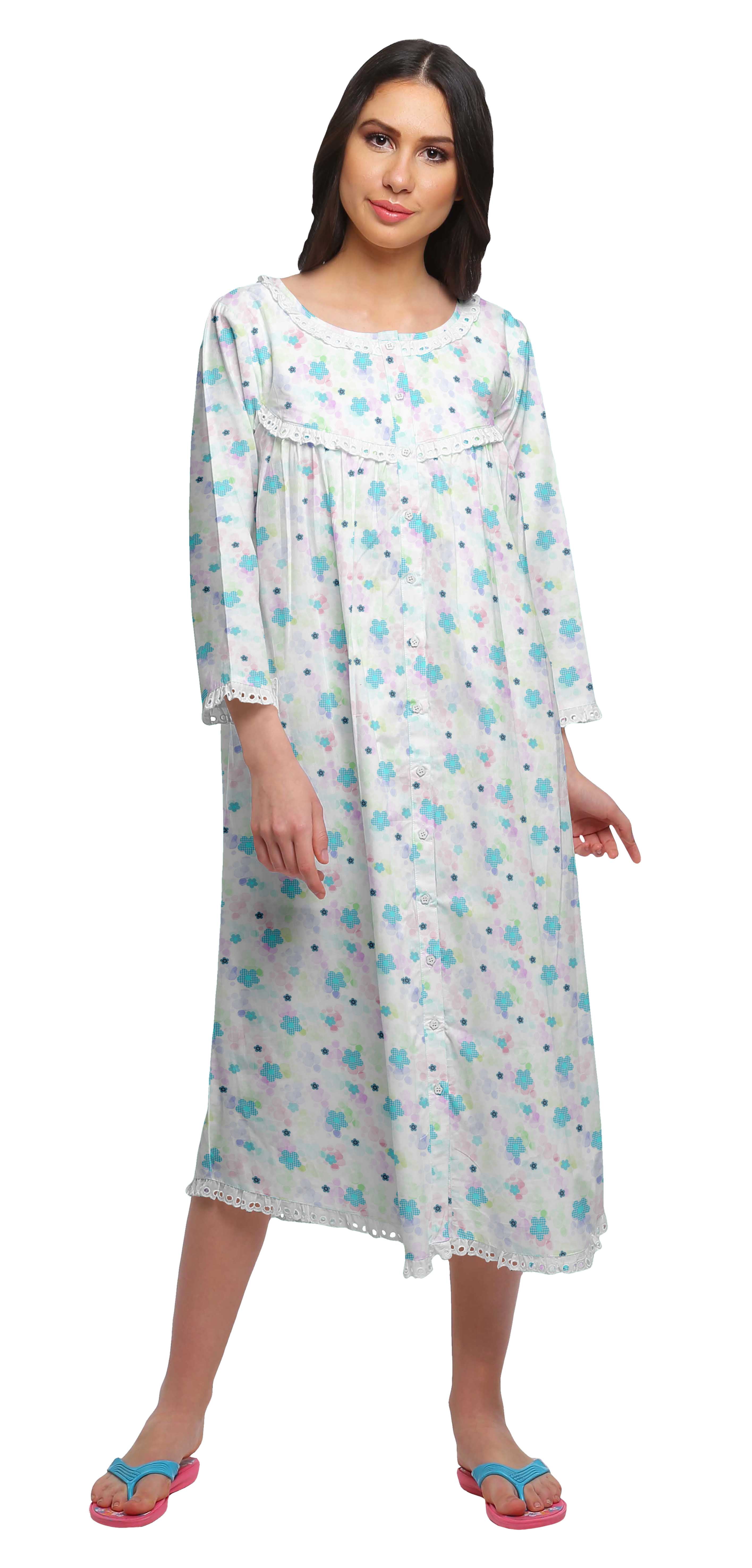 Moomaya Chemise de Nuit Boutonnée en Coton Imprimé pour Femmes, Robe de Nuit d'Allaitement