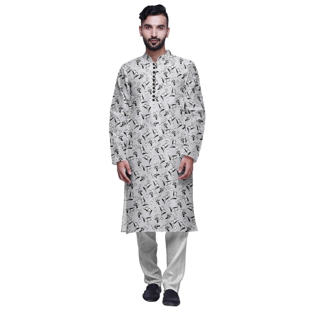 Atasi Printed Mens Kurta & White Churidar Pyjama Set Mandarin Neck Ethnic Wear