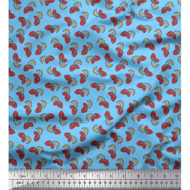 Soimoi Poly Georgette Fabric Leaves & Strawberry Fruits Print Fabric by The Yard 42 Inch Wide