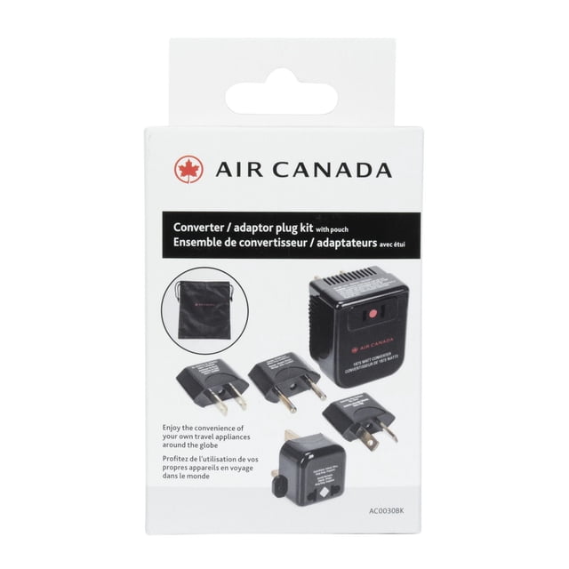 Air Canada Converter / Adapter Plug Kit with Pouch displaying a black 1875 watt converter and five country-coded adapter plugs for global travel, shown on white packaging with bilingual English and French text and a small black travel pouch image.