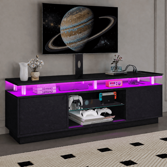DEXTRUS Meuble Télé de 70 Pouces avec Tablette en Verre Ajustable et Support pour Téléviseurs jusqu'à 75 Pouces, Centre de Divertissement à DEL avec Prise de Courant, Rangement, Noir