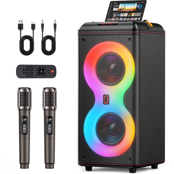 JYX Karaoke Machine, Portable Speaker with 2 Microphones, Wireless PA System with Deep Bass /Remote /LED Lights