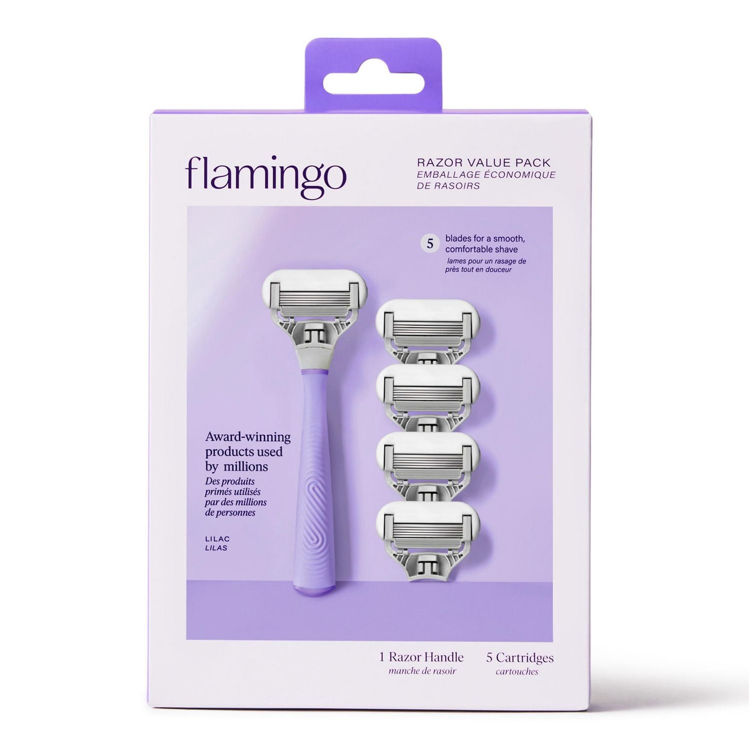 Ensemble économique,rasoir pour femmes Flamingo avec 5 cartouches de lames de rechange – Manche Lilas