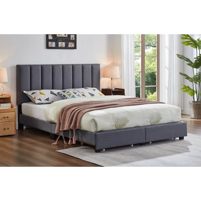 Lit Plateforme Rembourré avec Rangement Jesse avec Tiroirs et Tête de Lit Capitonnée Ajustable, Aucun Sommier Requis, Gris, Grand Lit