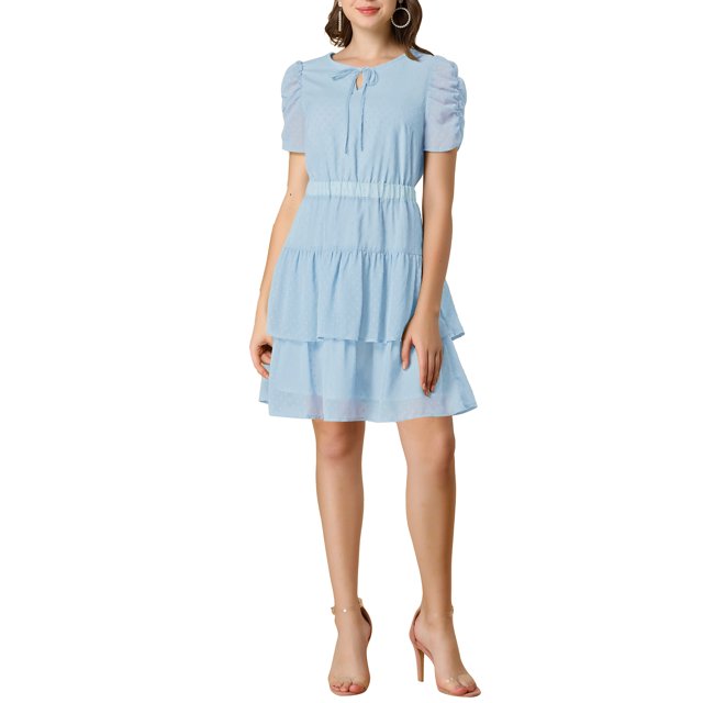 INSPIRE CHIC Women's Tie Neck Ruched Sleeve Elastic Waist A-Line Double Layers Ruffle Hem Short Dress XS Light Blue