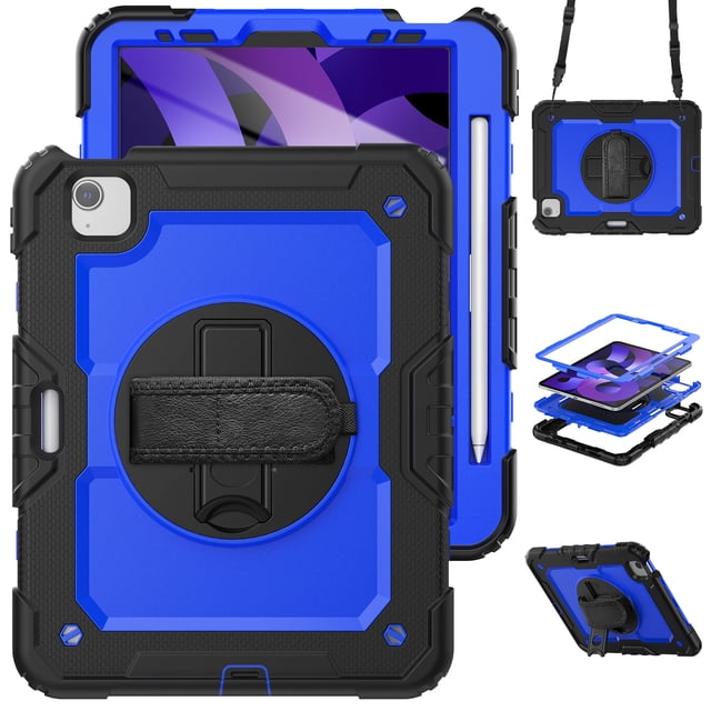 XYX For iPad Air 5th/4th Generation 10.9 inch 2022/2020 Case, 360 Rotating Shockproof Cover with Stand, Screen Protector, Shoulder Strap, Dark Blue PC