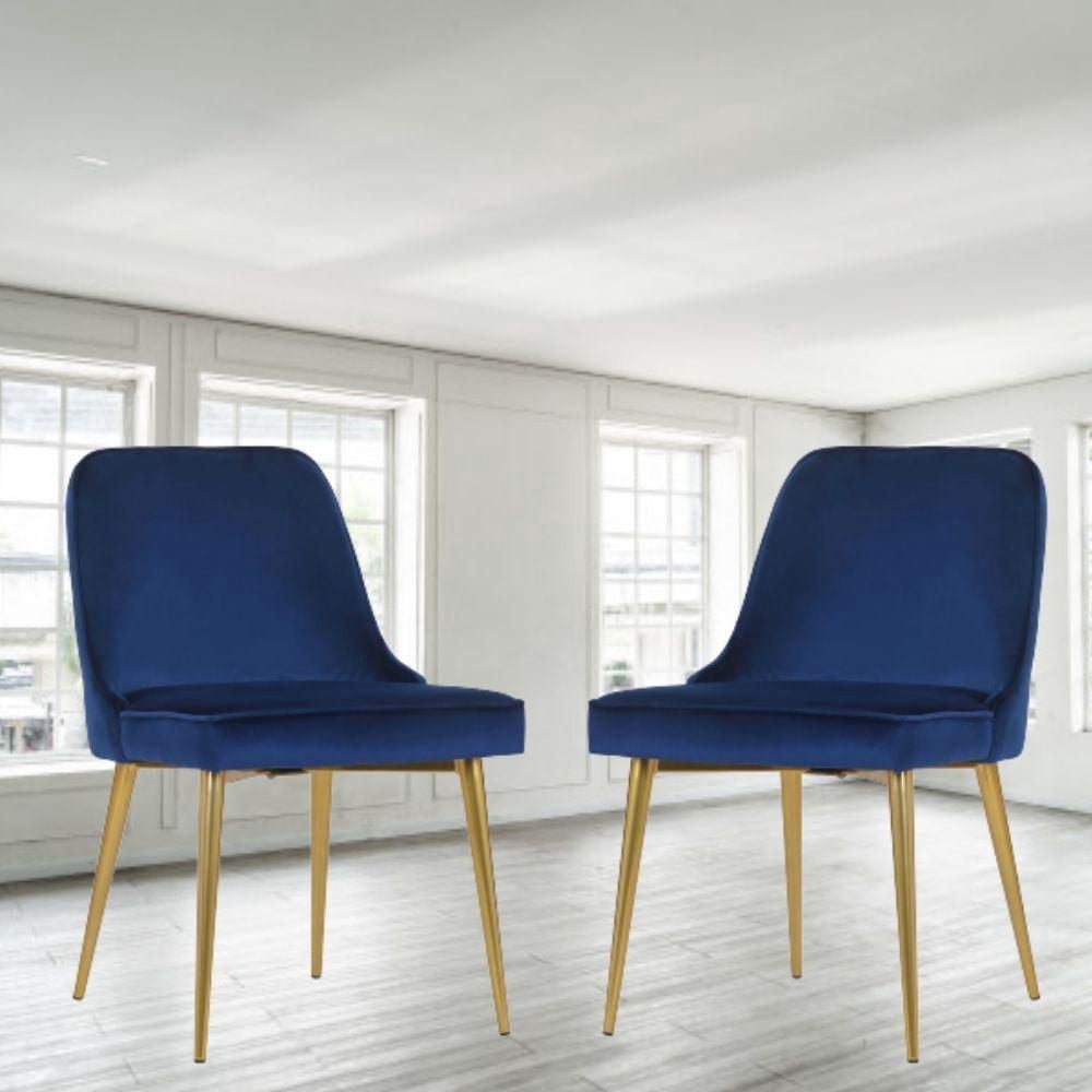 Chaise de salle à manger Heye de Plata Import avec revêtement en velours bleu et pieds en métal doré (lot de 2) pour salle à manger