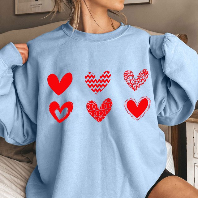 Qertyioot Chandail Cœur d'Amour Saint-Valentin, s Imprimé Mode Femme Manches Longues Col Rond Imprimé Blouse Ample Hauts