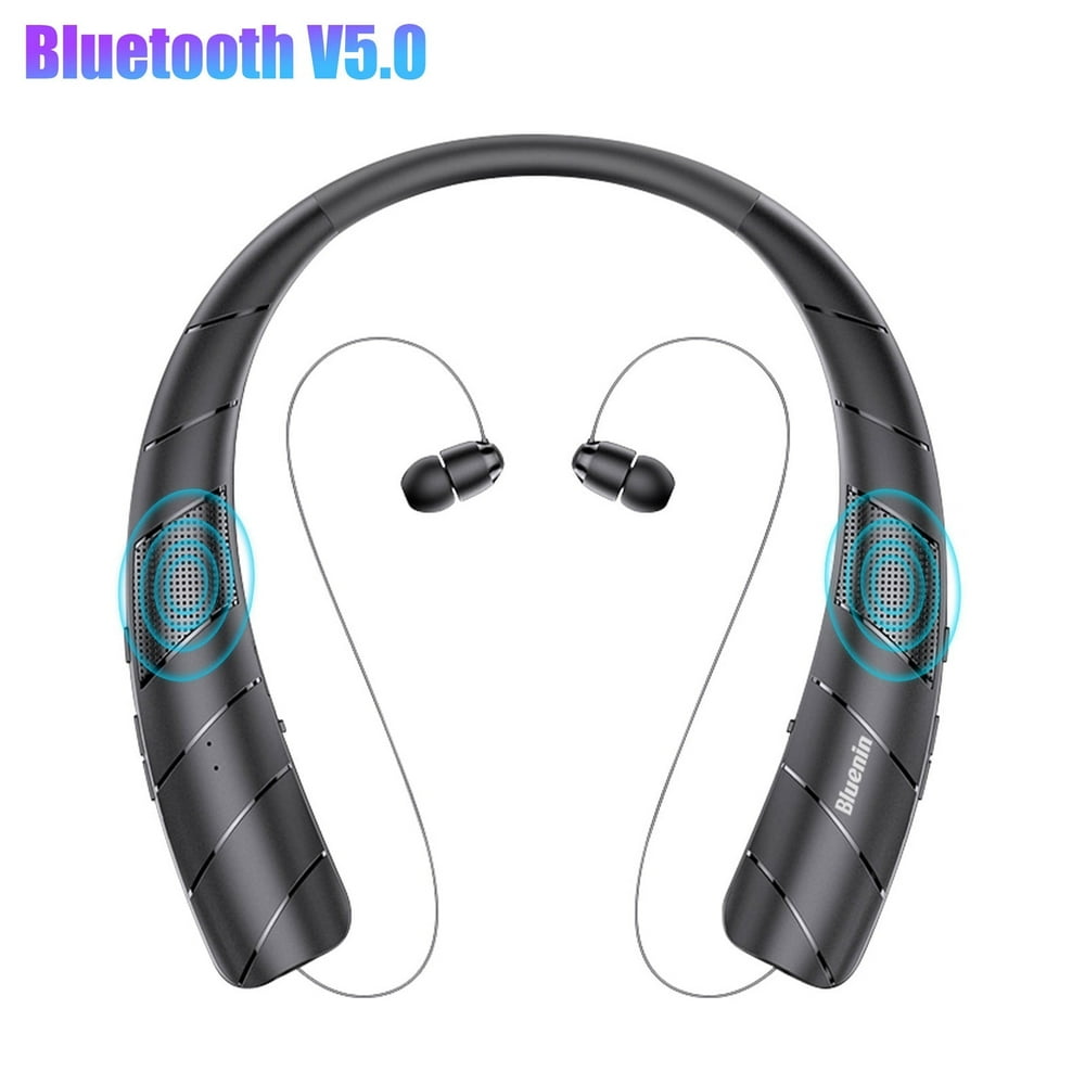 HLONK Bluetooth Headphones Speaker 2 in 1   Wireless Headphones Neckband Wearable Speaker with CVC6.0 Noise Cancelling Mic  Retractable Earbuds Stereo Sound Sweatproof Headset with 48H Pl
