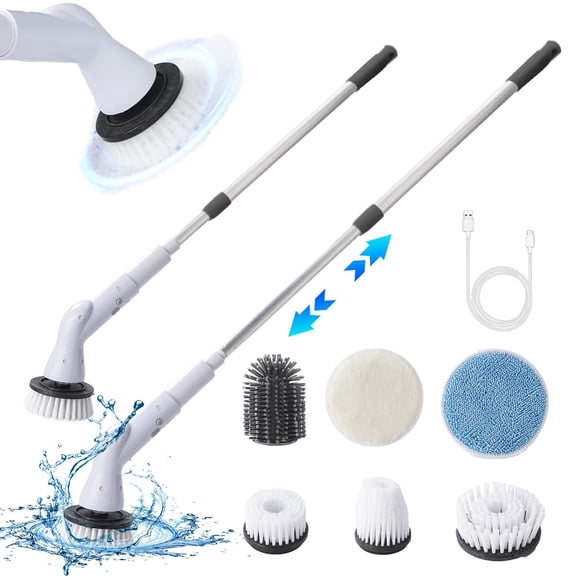 Cordless Electric Spin Scrubbers For Cleaning Shower With 6 Brush Heads, Electric Spin Scrubber Cordless Rechargeable With Adjustable Extension Power Shower Scrubber For Bathroom, Tub, Tile, Floor