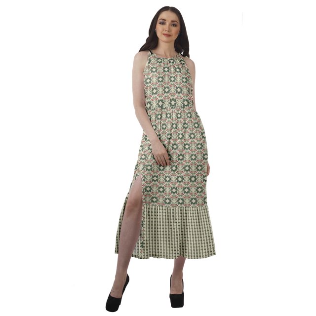 Moomaya Robe Imprimée Femme Fête Mariage Tenue de Fête Col Licou Robe Maxi en Rayonne