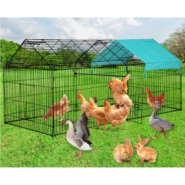 Large Metal Chicken Coop Walk-in Poultry Cage Kennel with Waterproof and Anti-Ultraviolet Cover Fence Pet Playpen Foldable Outdoor for Backyard Farm, Black