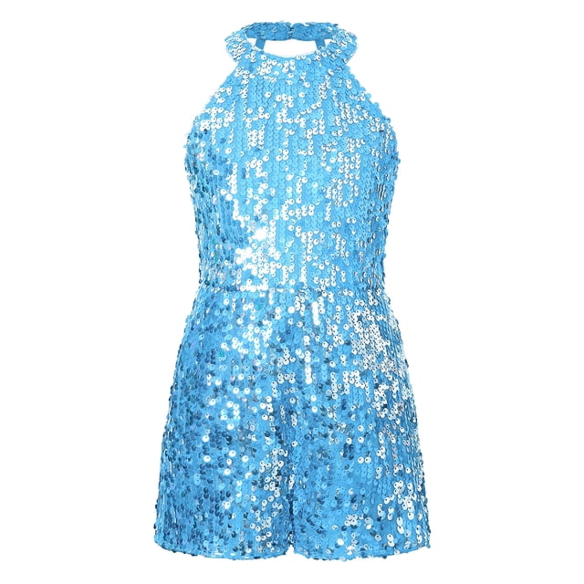 Yanarno Combinaison Short de Danse pour Filles, Col Licou, Paillettes, Rumba Samba, Combinaison de Danse, Fête de Noël, Bleu Pâle, 8