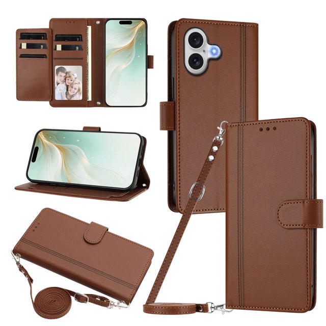 iPhone 17 Leather Wallet Case, Book Style Cover with Tab Closure, Brown