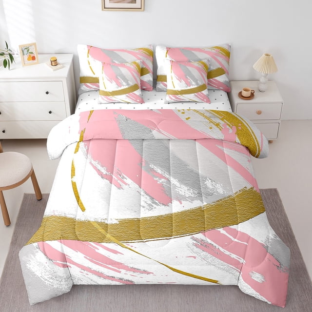 YST Gradient Abstract 7-Piece Comforter Set, Grey Beige Pink Bed in a Bag, King Size